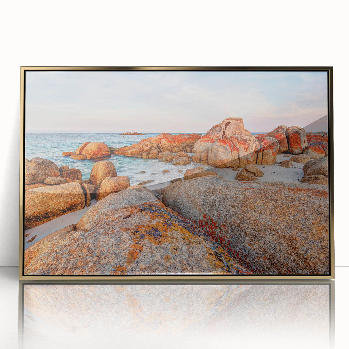 Art deco poster featuring a serene Tasmania landscape in muted greens and blues on framed acrylic.