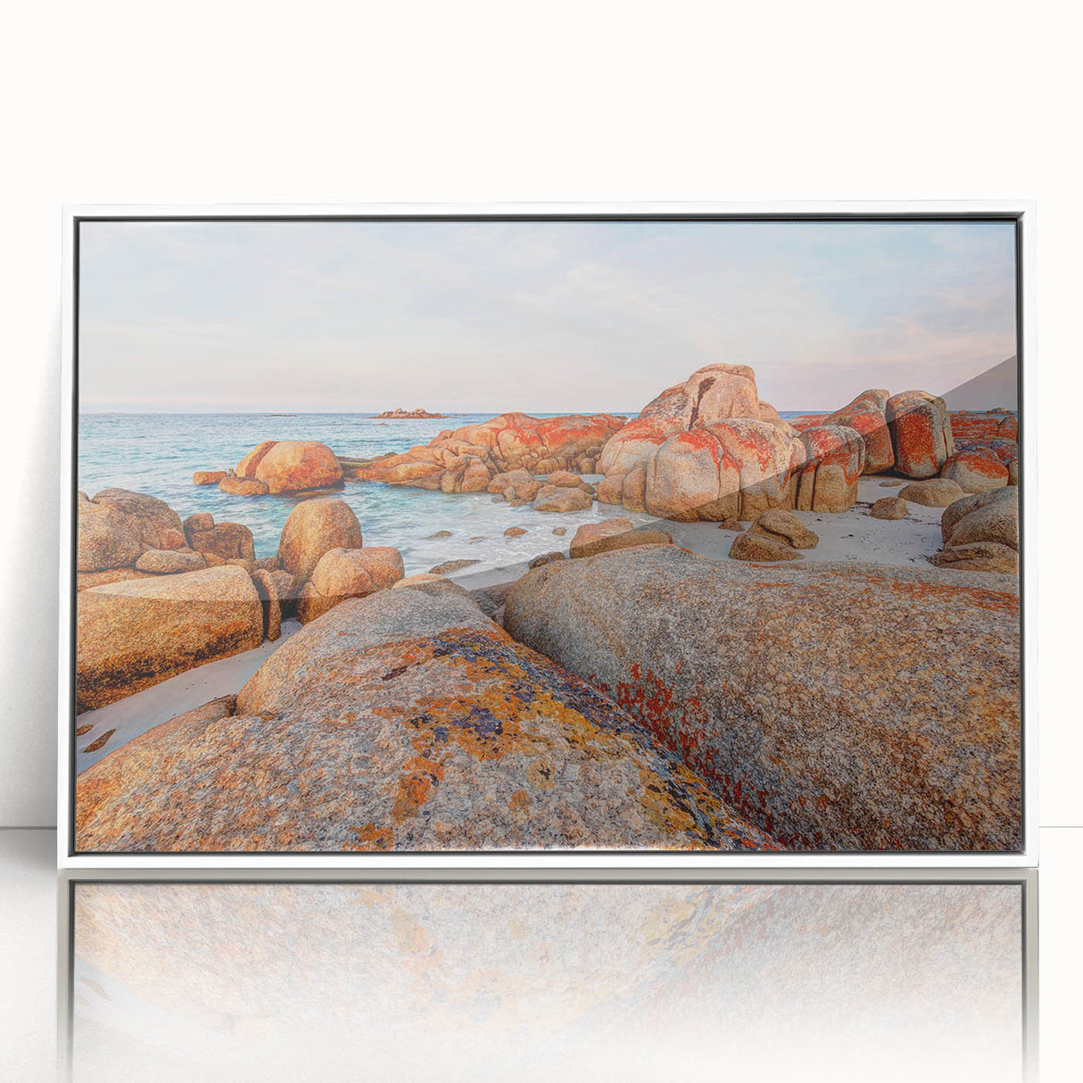 Mid-century modernist art depicting Tasmania scenery on a framed acrylic, using muted earth tones.