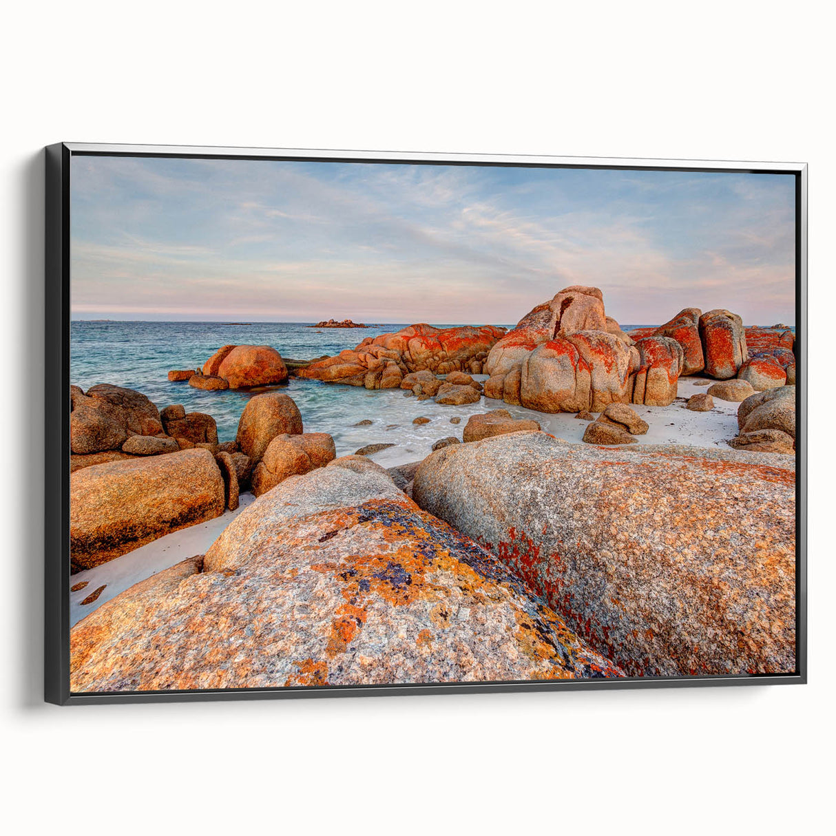 Black and white landscape art of Tasmania on framed canvas, ideal for bedroom wall decor.