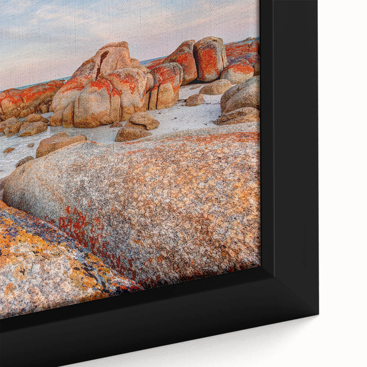 Extra large black wall art featuring a textured depiction of Tasmania scenery on framed canvas, with colorful art elements.