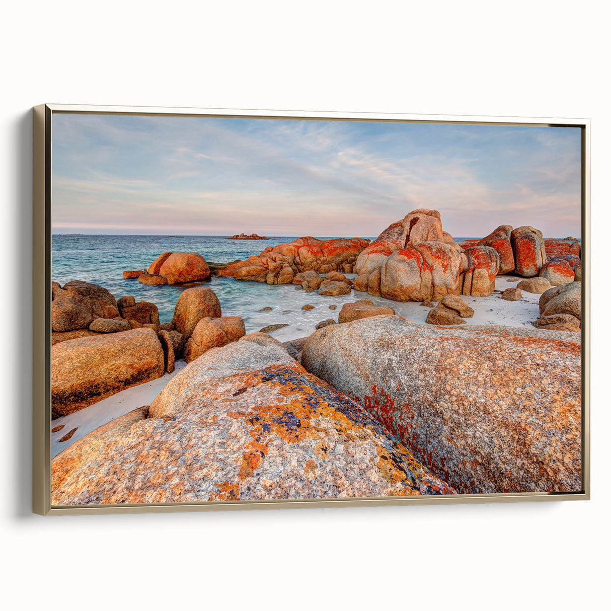 Vintage poster art of Tasmania scenery on framed canvas, featuring black and colorful art.