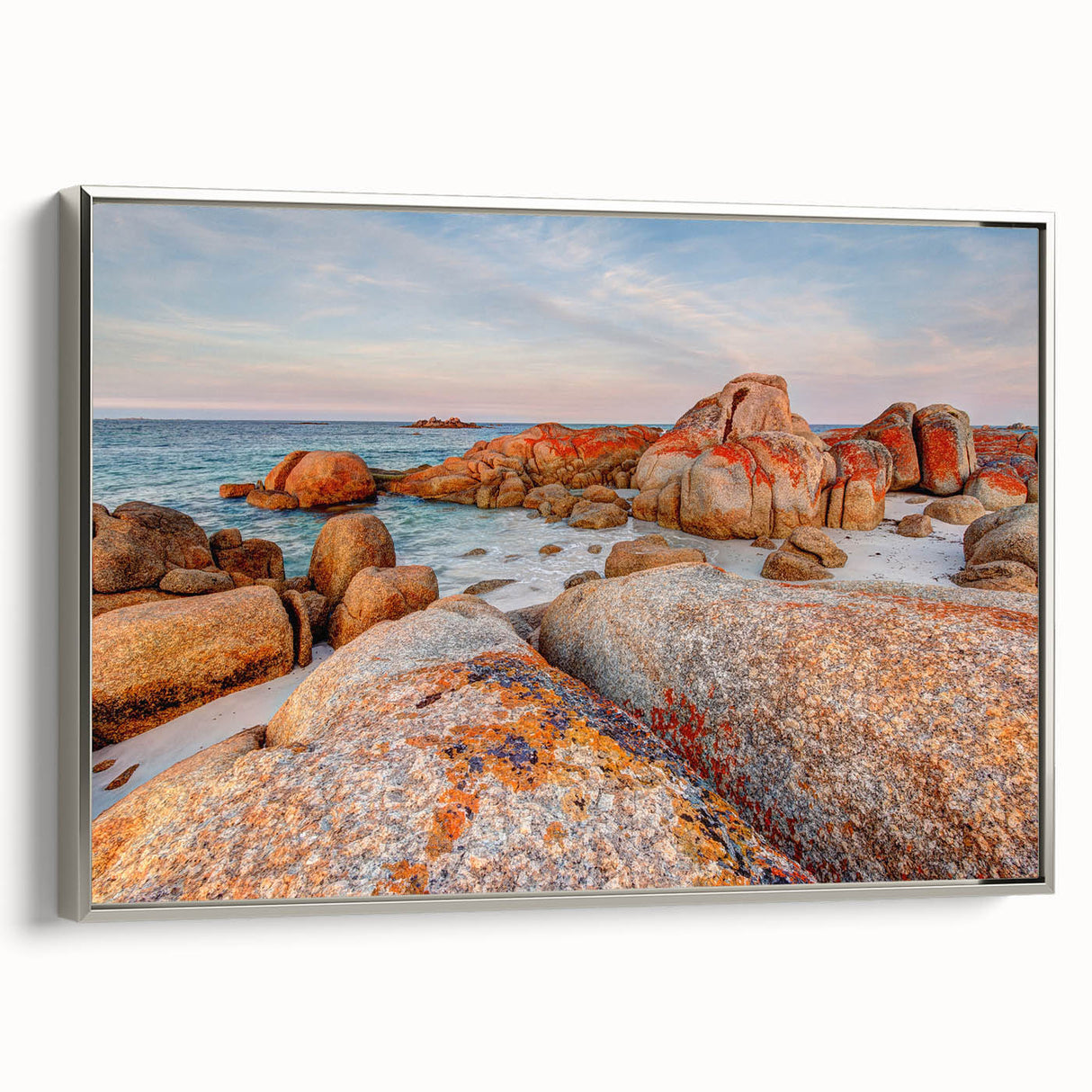 Framed canvas depicting a serene Tasmanian landscape in muted earth tones, ideal for bedroom wall art.