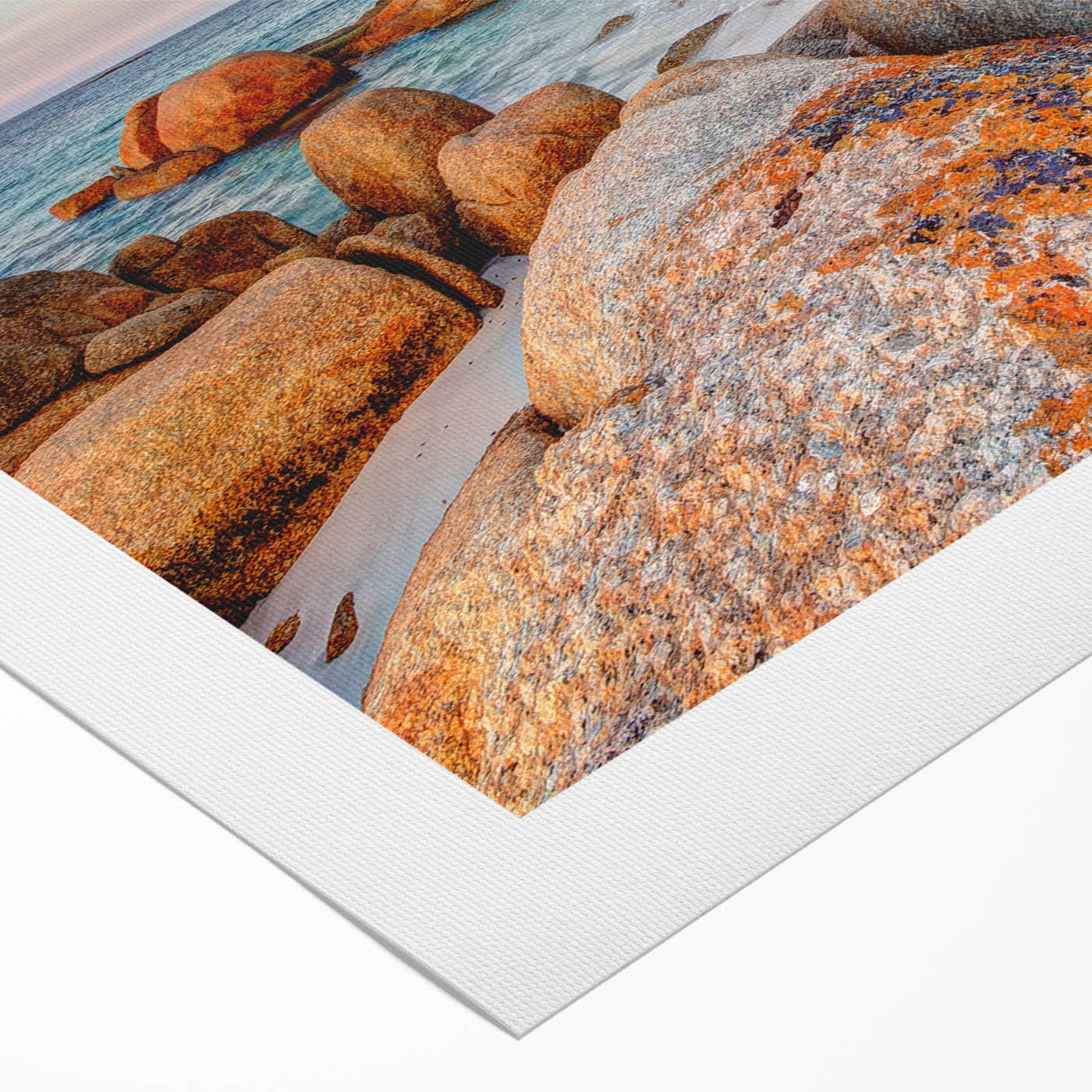 Art deco poster of Tasmania scenery in muted earth tones on rolled canvas, suitable for dining room wall art.