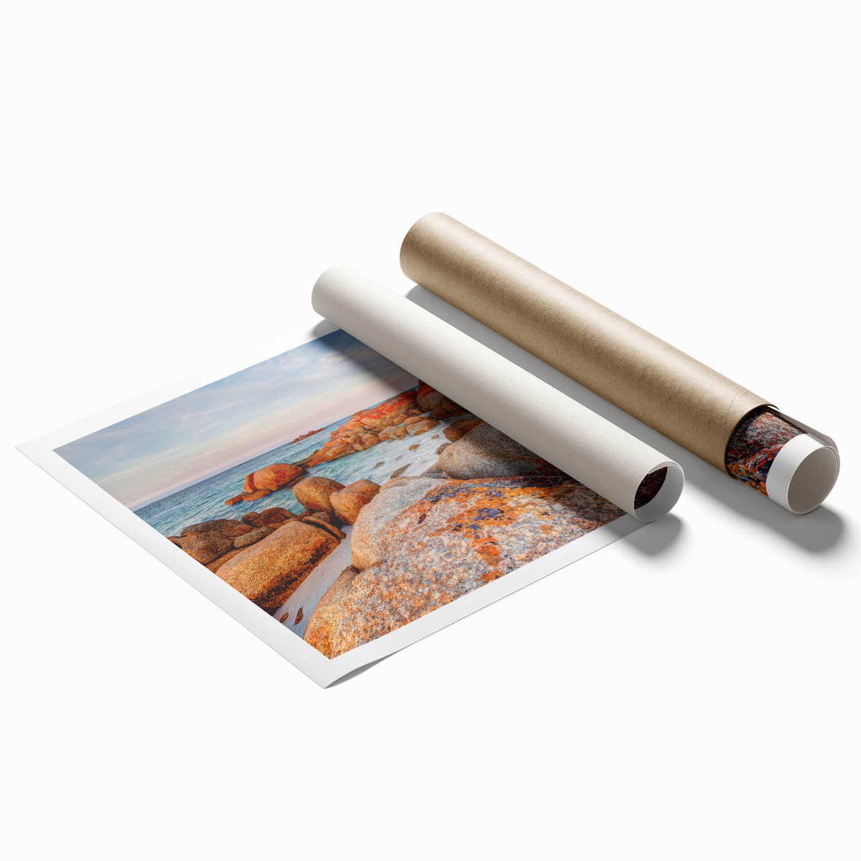 Extra large rolled print of Tasmanian scenery with vibrant floral elements, ideal for classy bathroom wall art.