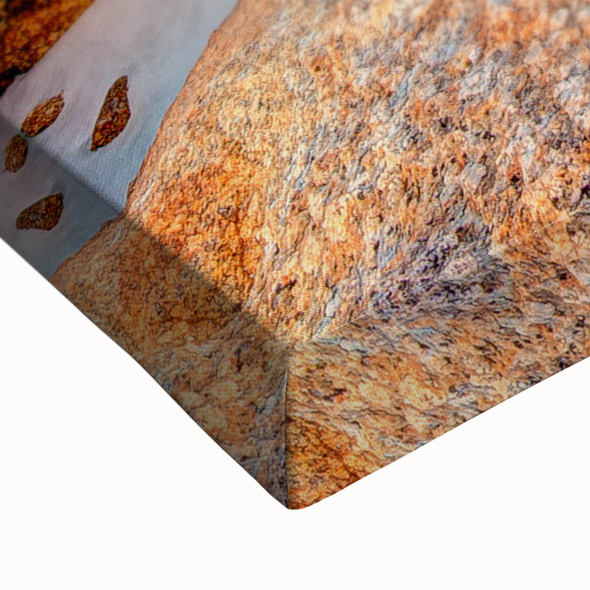 Large art depicting a black and white Tasmanian landscape on stretched canvas, suitable for bedroom wall decor.