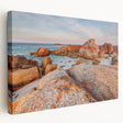 Large stretched canvas depicting a serene Tasmanian landscape in muted green and blue tones, ideal for kitchen wall art.