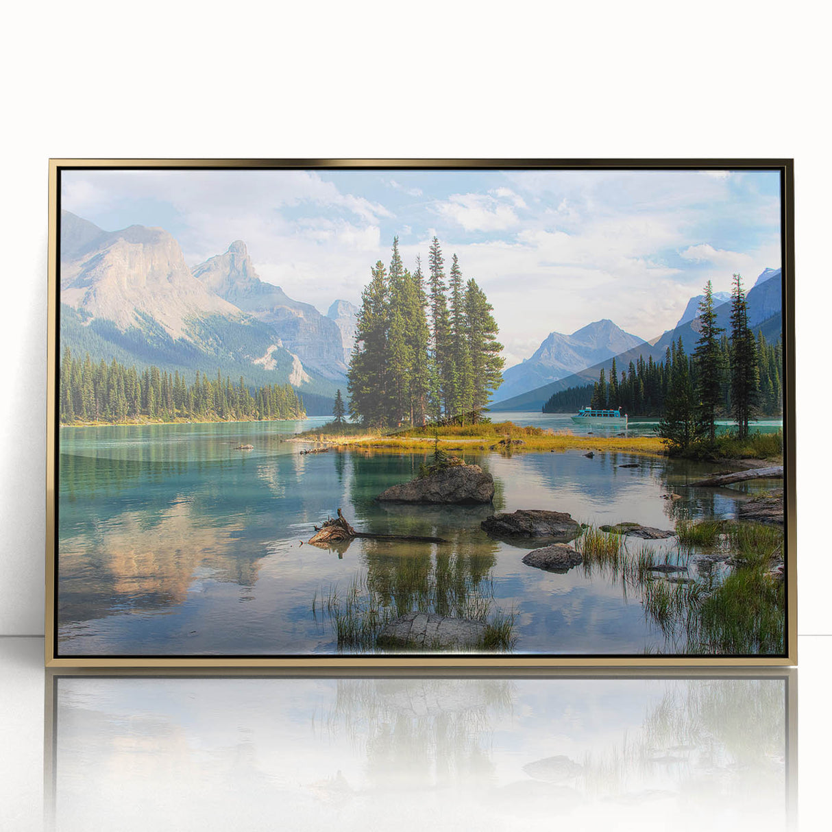 Mid-century modernist style large art print of Alberta, Canada scenery in gold framed acrylic.