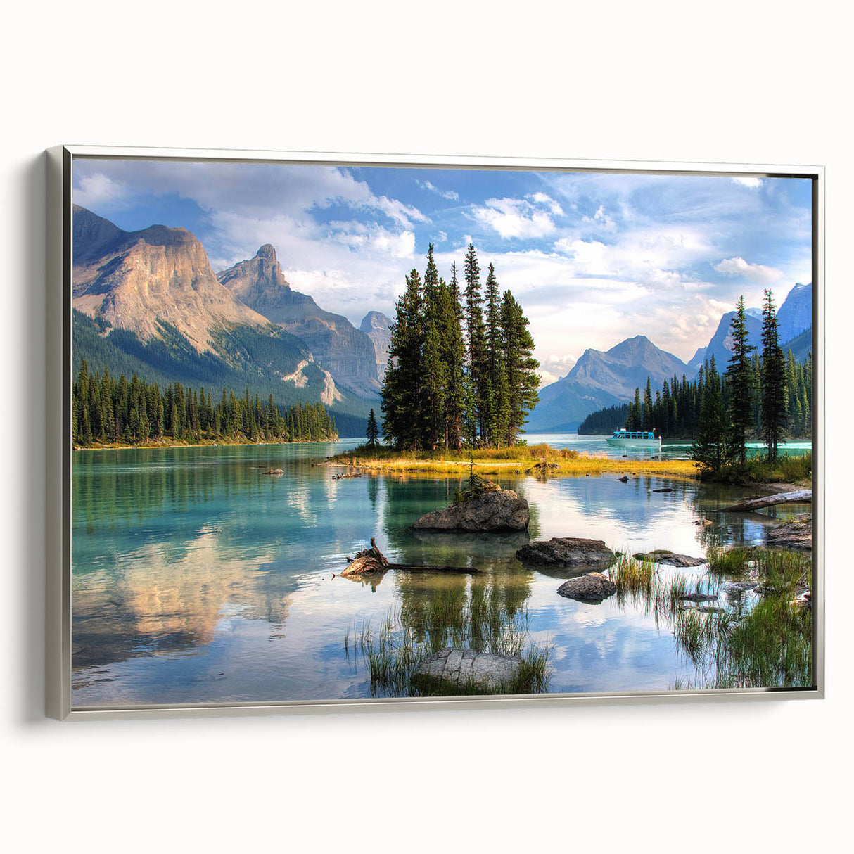 Framed canvas of a vintage-style landscape art painting depicting Alberta, Canada, with vibrant green and blue tones.