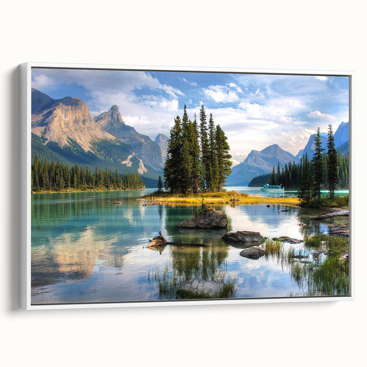 Vintage poster art of Alberta scenery in a white-framed canvas, with vibrant colors, ideal for living room decor.