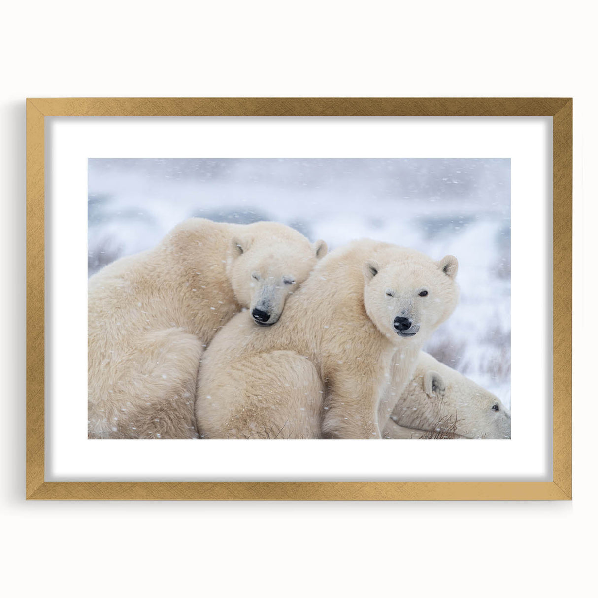 Extra large abstract art print of a textured Manitoba scenery in a gold frame with mat, suited for living room decor.