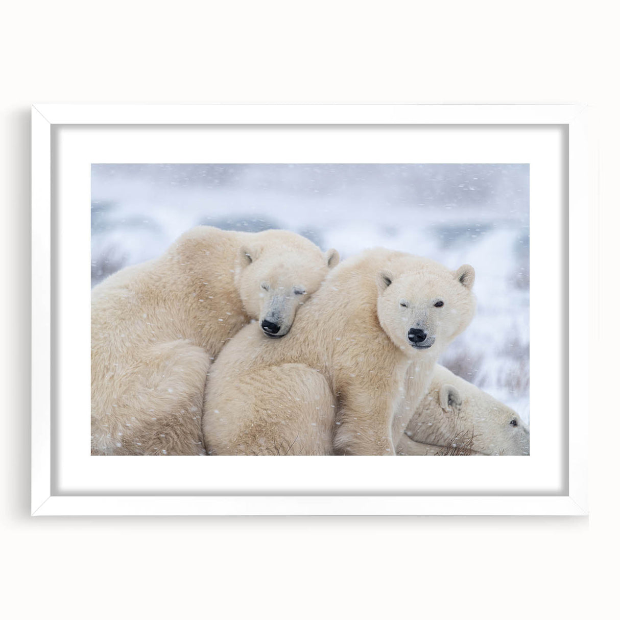 Abstract art print of a serene Manitoba landscape in muted green and blue tones, framed with a white mat.