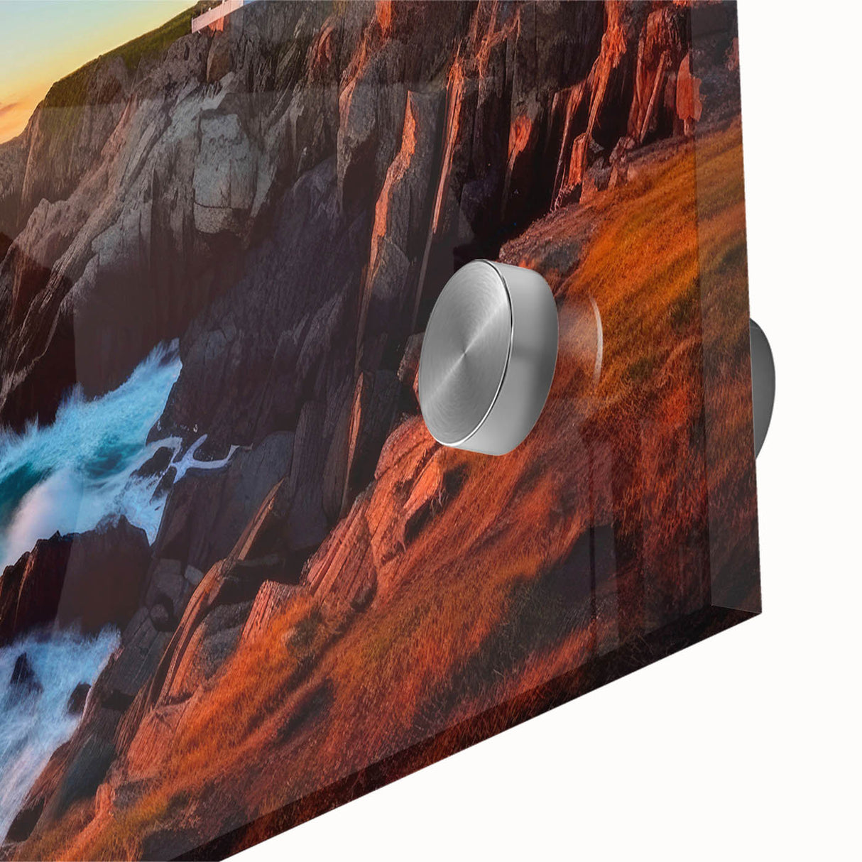 Large abstract wall art depicting a Newfoundland scenery in muted earth tones, acrylic glass, ideal for dining room ambiance.