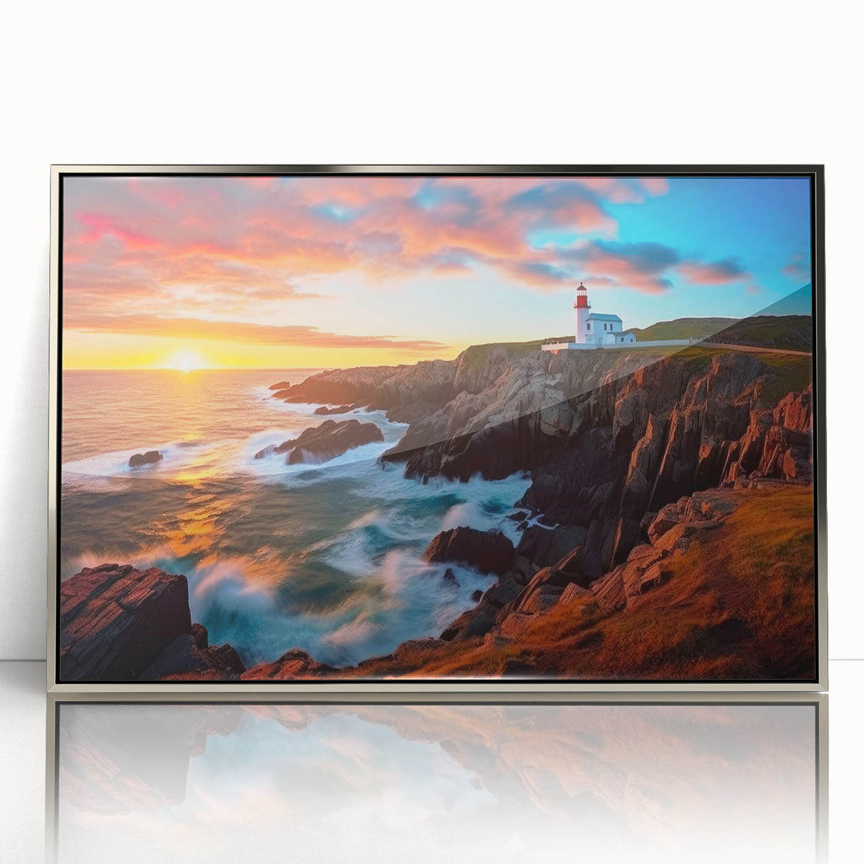 Mid-century modernist art depicting Newfoundland scenery in muted earth tones on a silver-framed acrylic print.