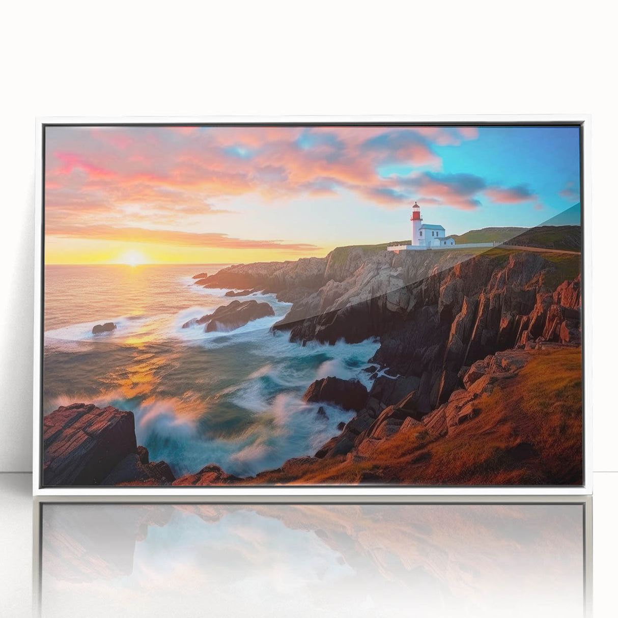 Art deco poster featuring a Newfoundland scenery on white framed acrylic, in muted blue and green tones.