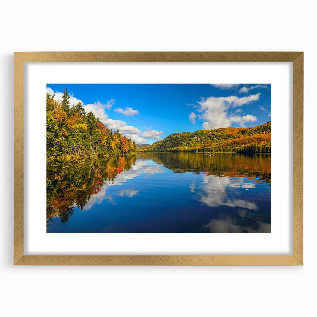 Extra large abstract art print depicting a textured scenery of Quebec, with muted earth tones, framed in gold.