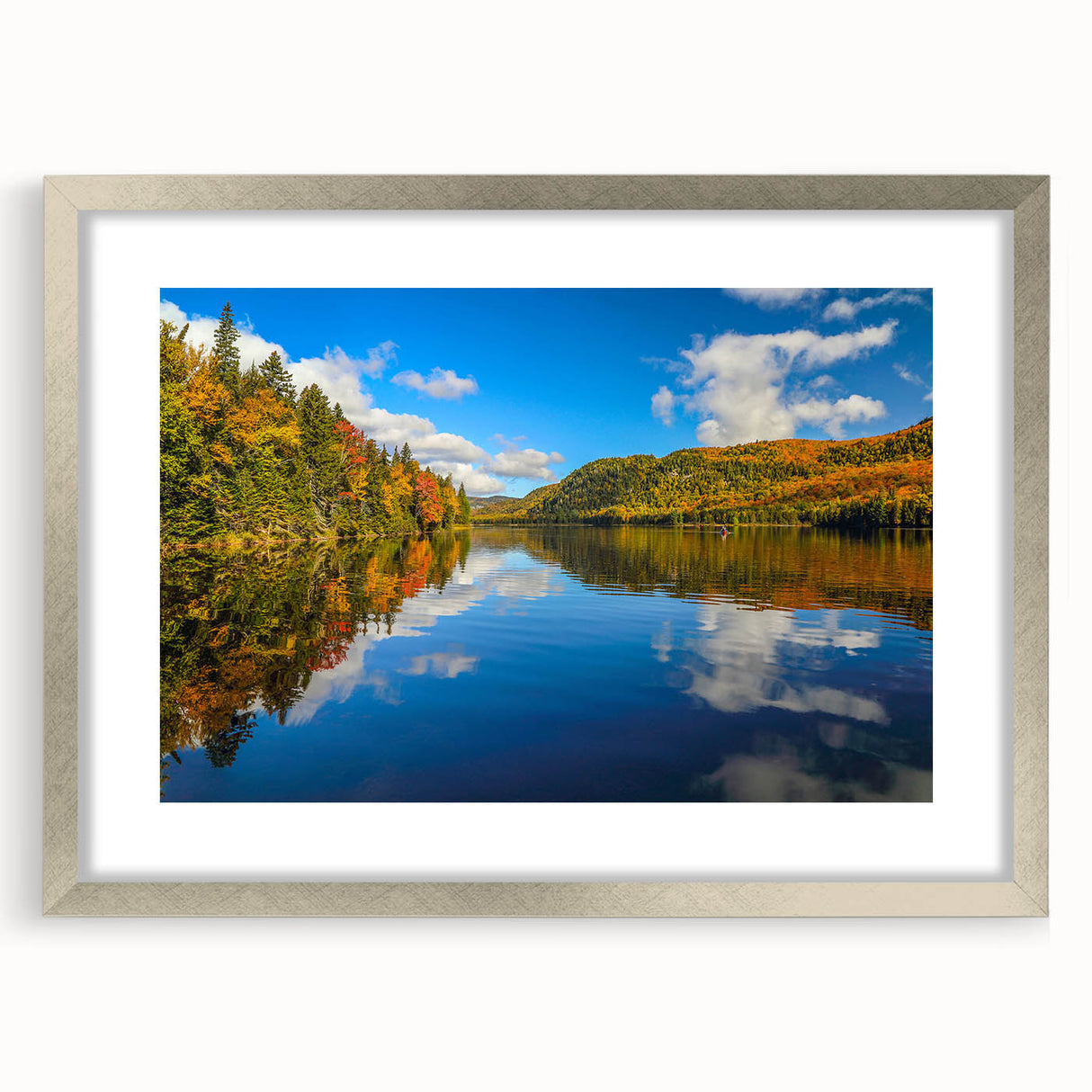 Textured abstract art print of a serene Quebec landscape in muted green and blue tones, framed in silver.