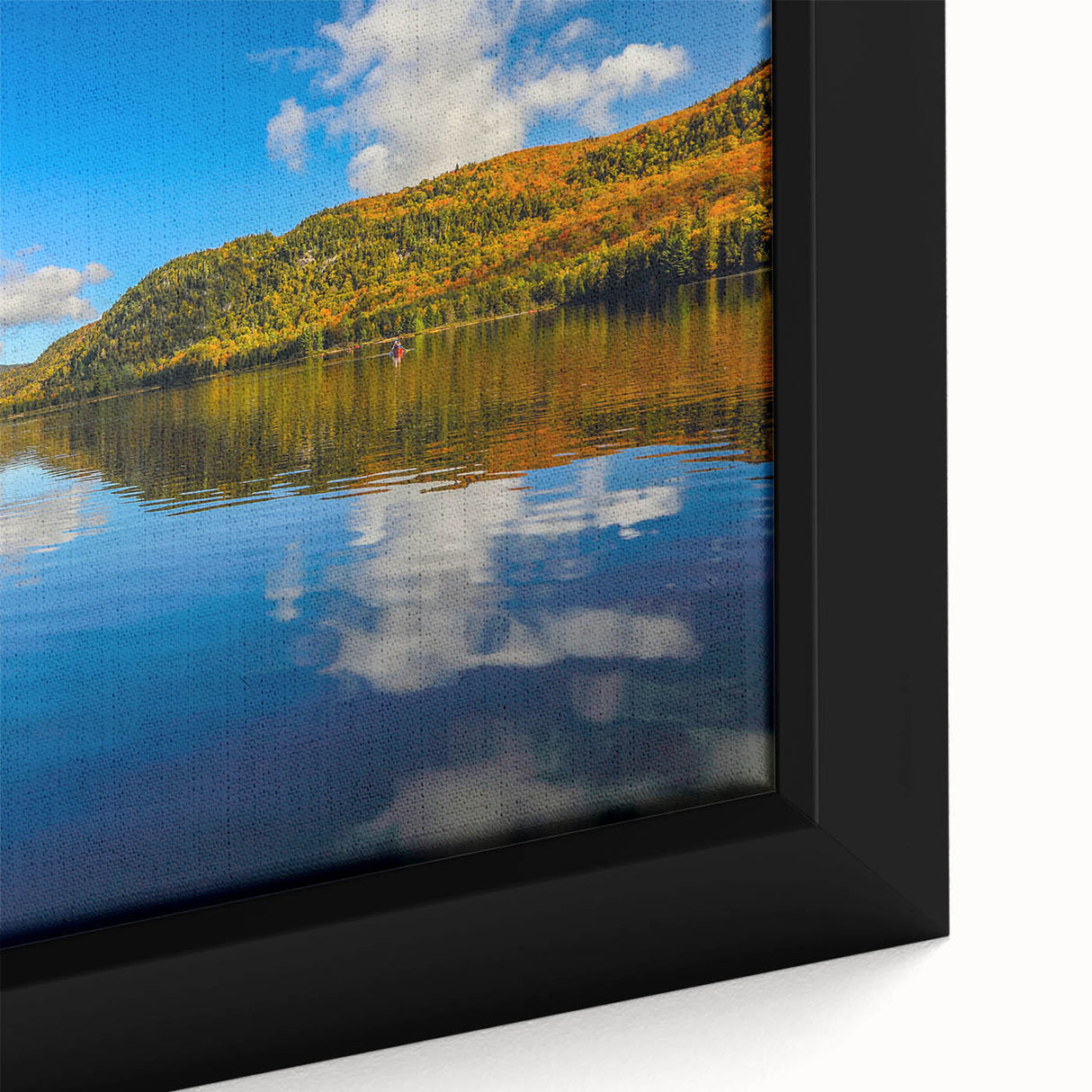 Extra large framed canvas featuring a textured depiction of Quebec scenery, with vibrant colors on a black background.