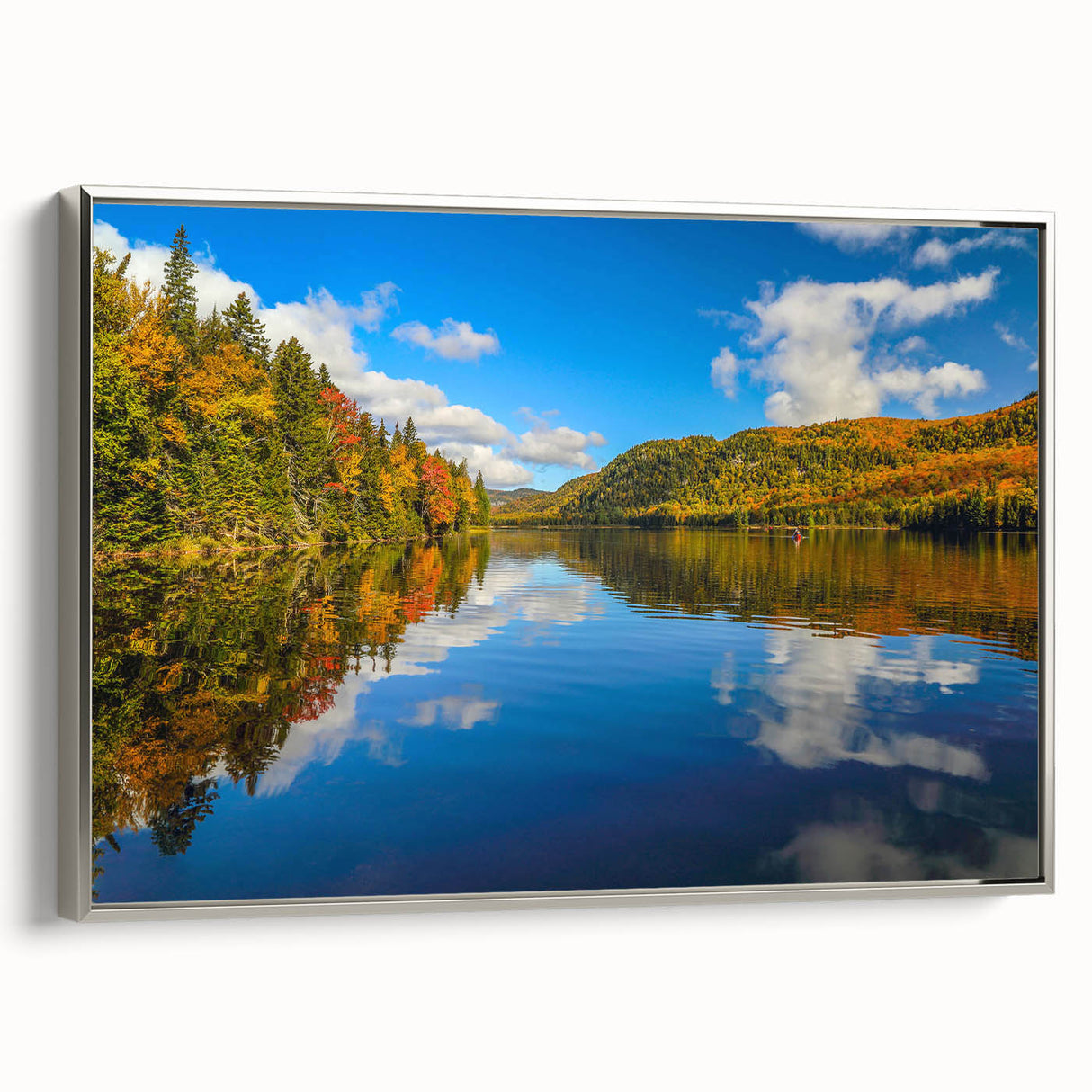 Framed canvas of a vintage-style landscape art painting featuring a colorful Quebec scenery.