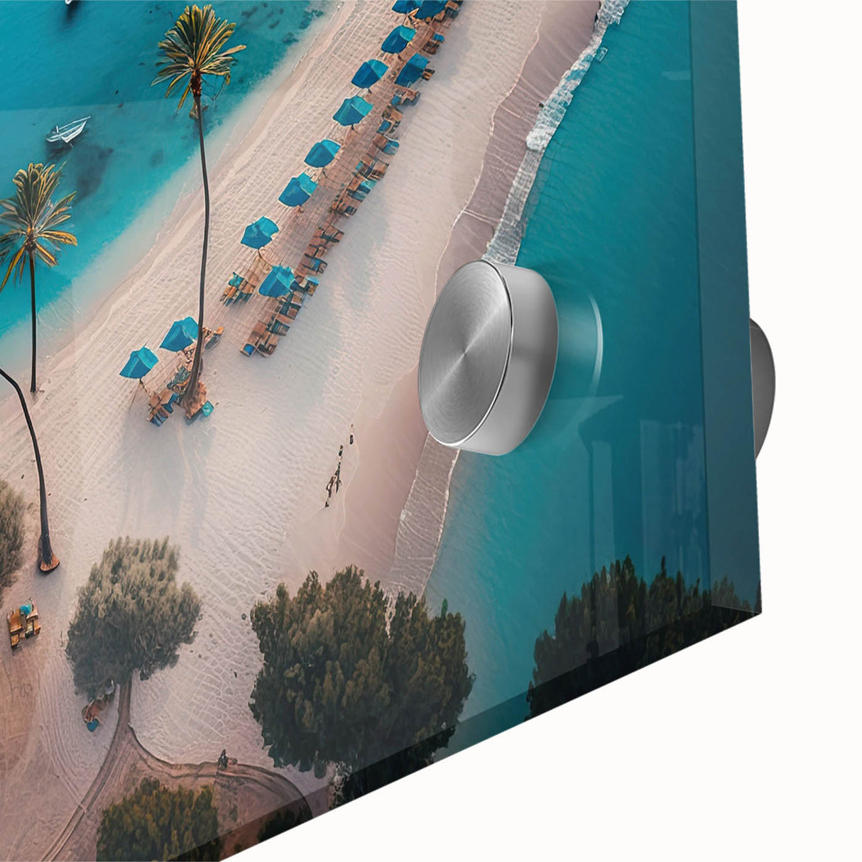 Large abstract wall art depicting a Caribbean scene in vibrant blue and green tones on acrylic glass.