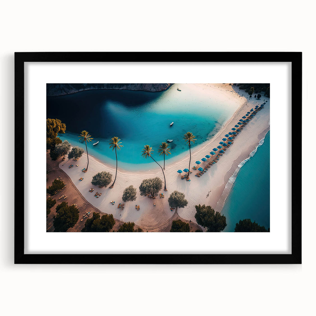 Colorful abstract art print depicting vibrant Caribbean scenery on a large framed canvas, ideal for living room decor.