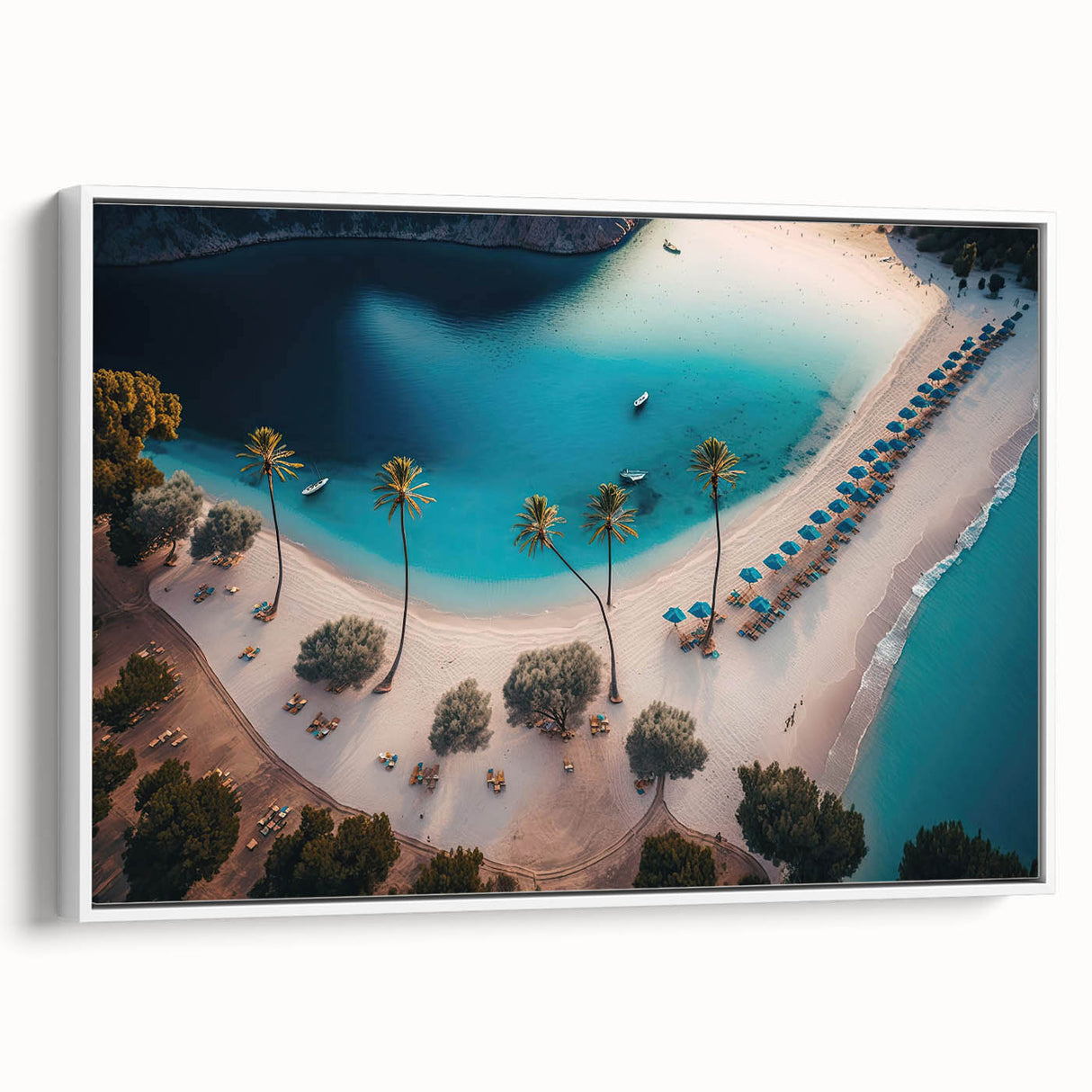 Vintage poster art of a Caribbean scenery on a framed canvas, featuring vibrant colors, ideal for living room decor.