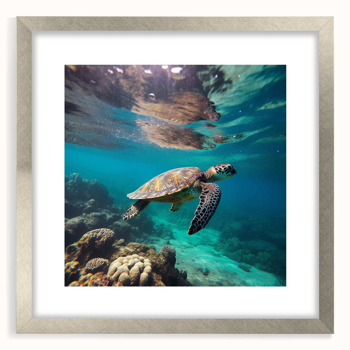 Extra large abstract art print featuring textured Caribbean scenery in cool blue tones, framed in silver.