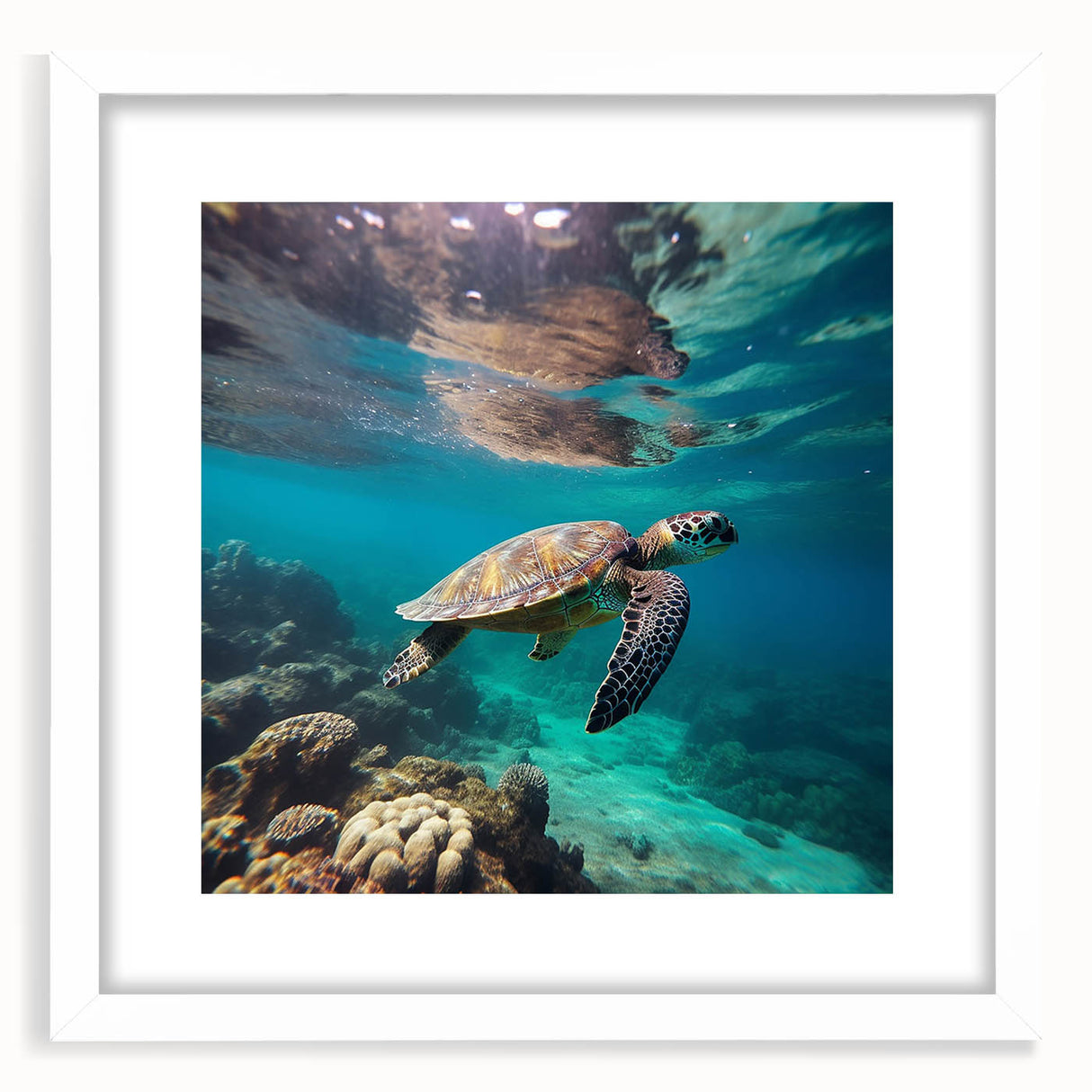 Textured abstract art print depicting a serene Caribbean scene in muted blue and white tones, framed with a white mat.