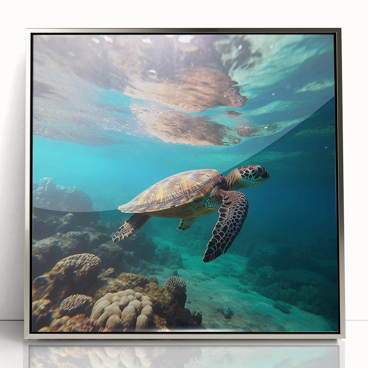 Framed acrylic print of a Caribbean Aruba scenery in silver, ideal for modern art wall decor.
