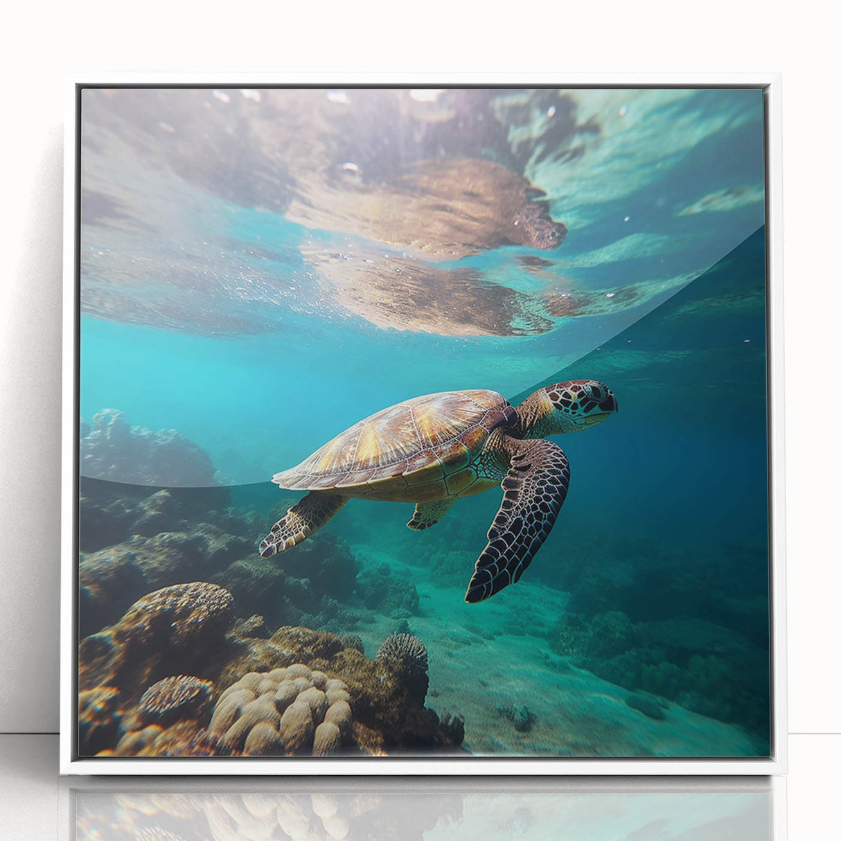 Mid-century modernist acrylic print of a Caribbean Aruba scenery in a white frame, suitable for nursery wall art.