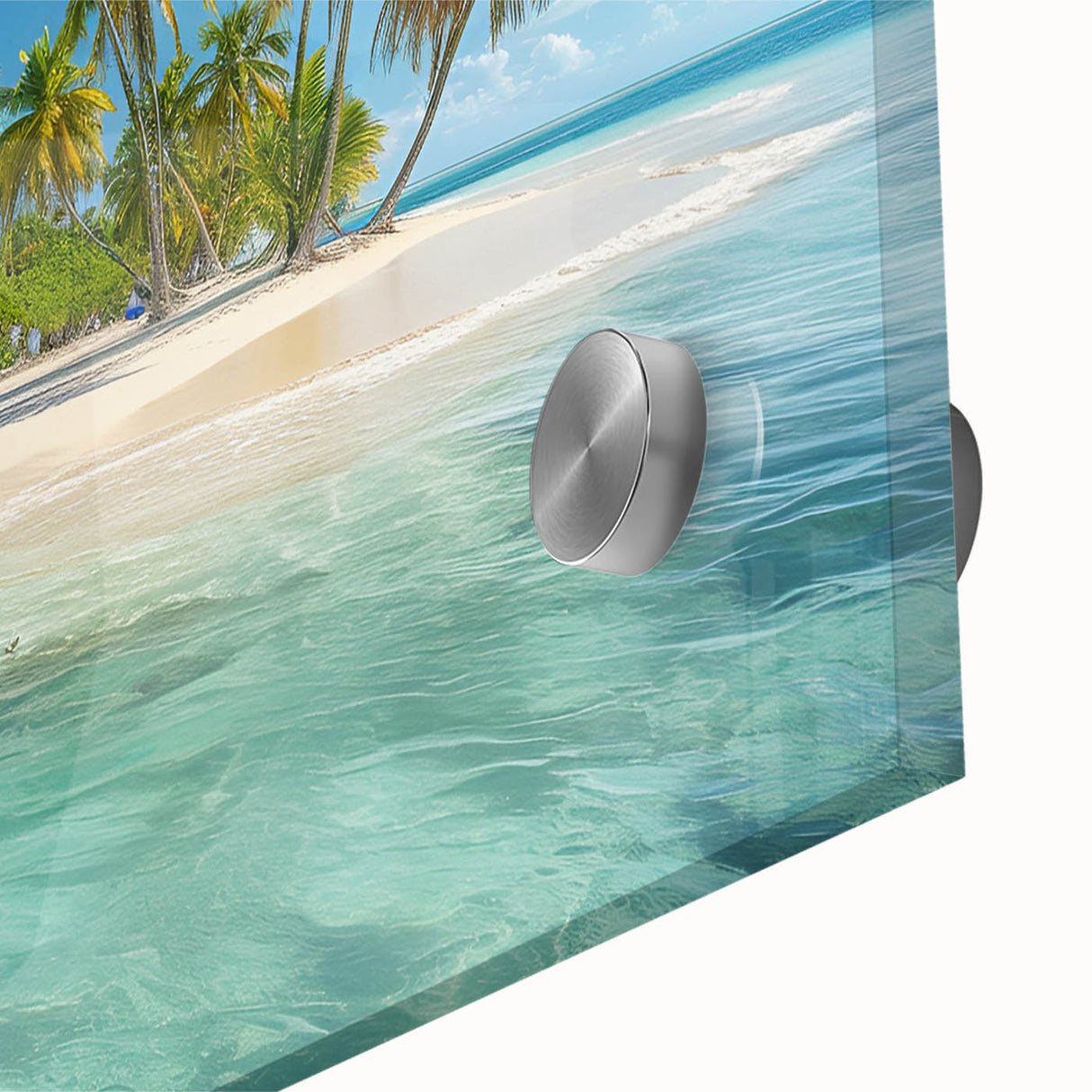 Large abstract wall art depicting the Caribbean seascape in vibrant blue and turquoise tones on acrylic glass.