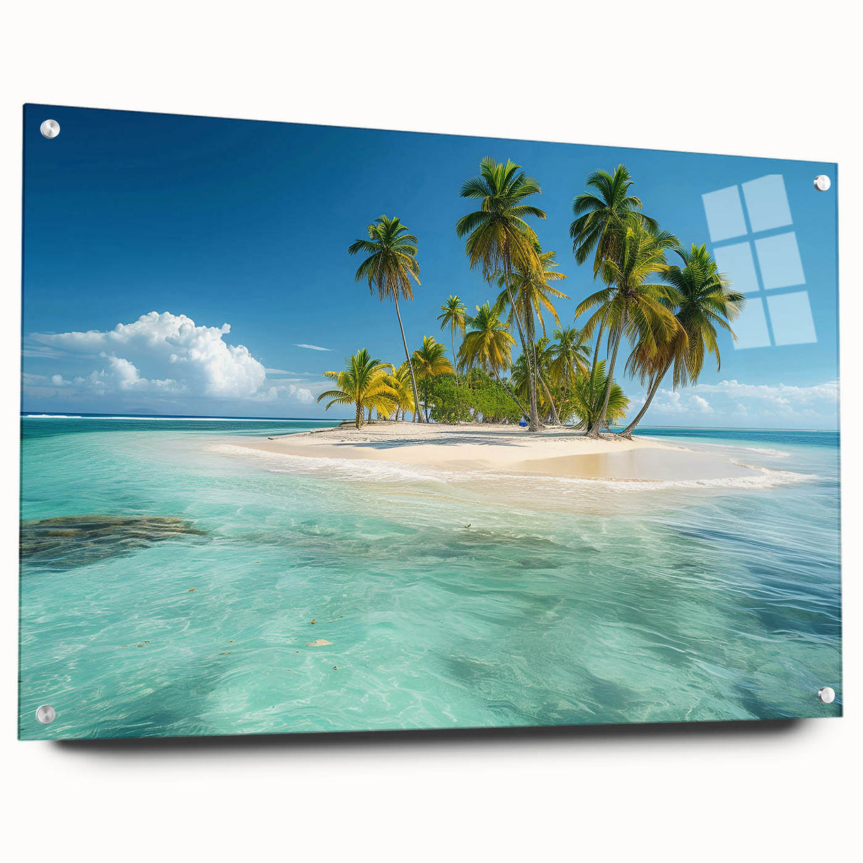 Acrylic print of a Caribbean scenery with vibrant blue and green tones, ideal for dining room decor.