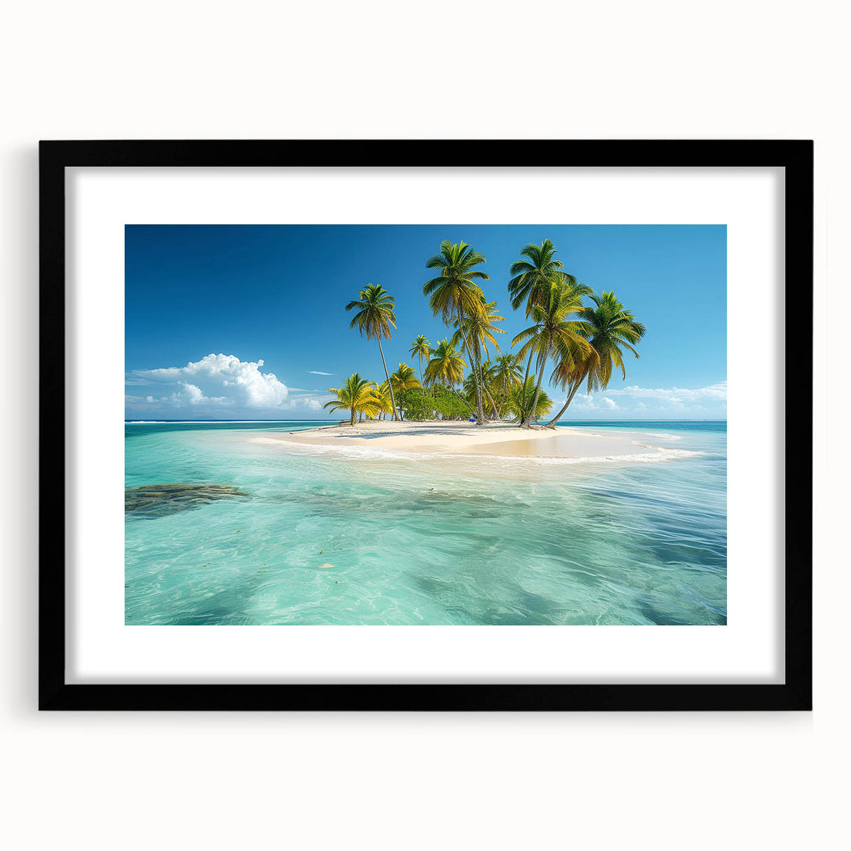 Abstract art print of vibrant Caribbean scenery in textured colors on a large black-framed canvas.