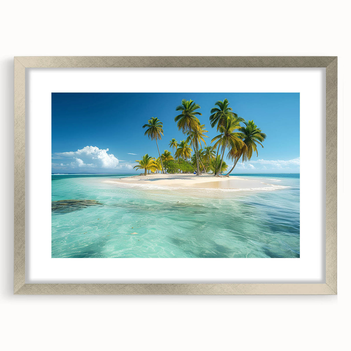 Abstract art print of a Caribbean scenery in muted blue and green tones, framed in silver.
