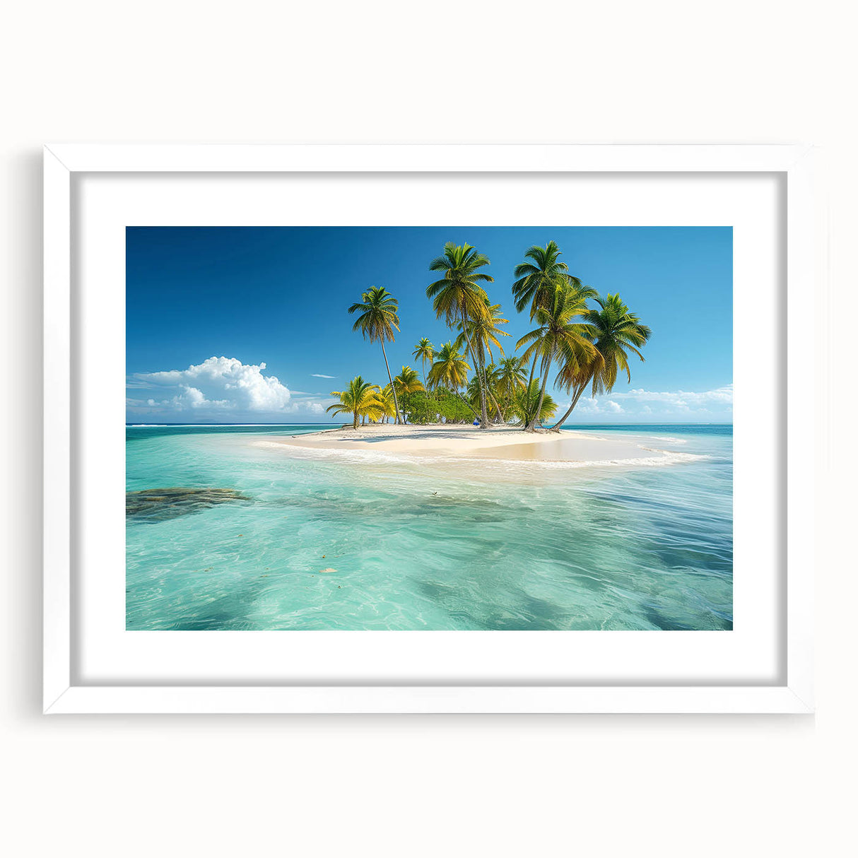 Extra large abstract art print featuring textured Caribbean scenery in vibrant blue and green tones, framed with a white mat.