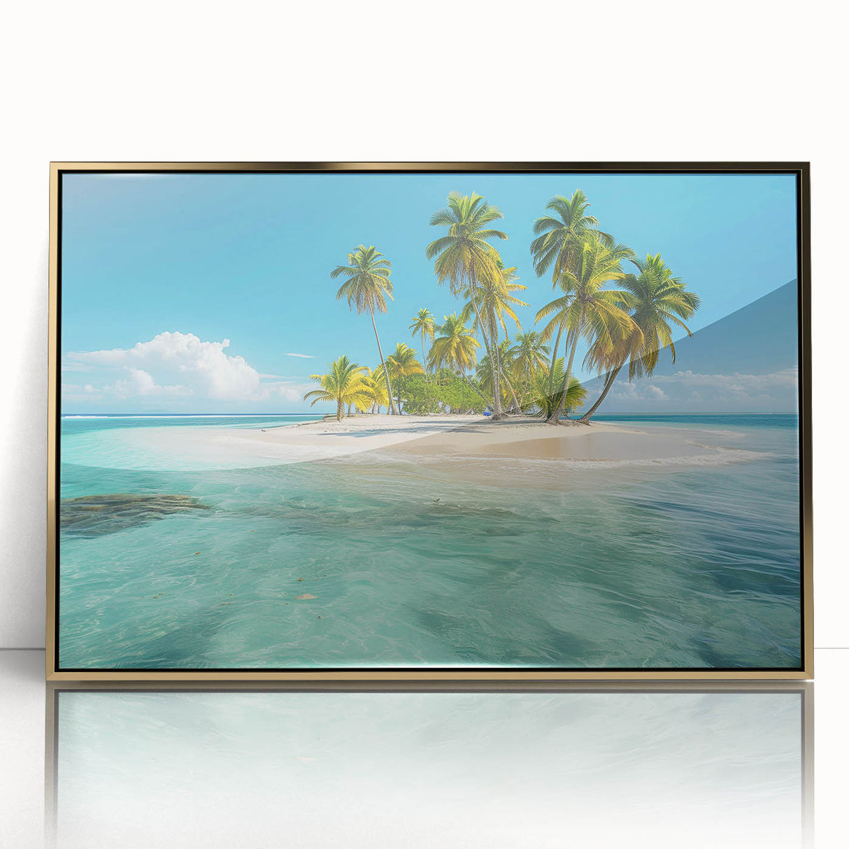 Art deco poster of a Caribbean scenery on framed acrylic, with vibrant ocean blues and palm greens.