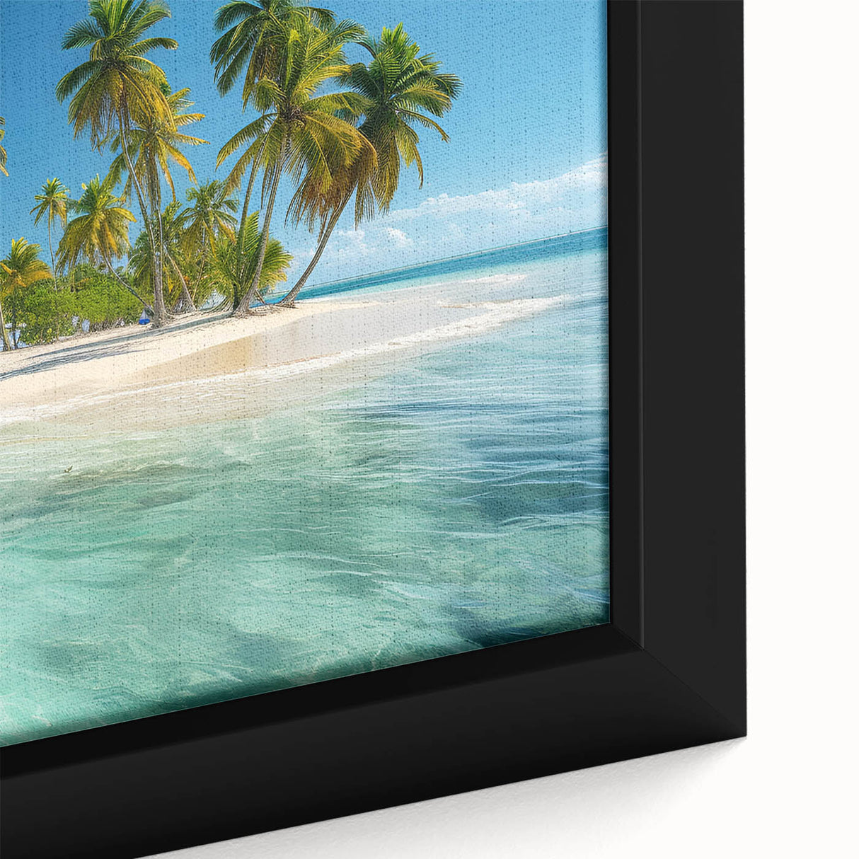 Extra large framed canvas of a black wall art scene depicting a vibrant Caribbean landscape, ideal for living room decor.