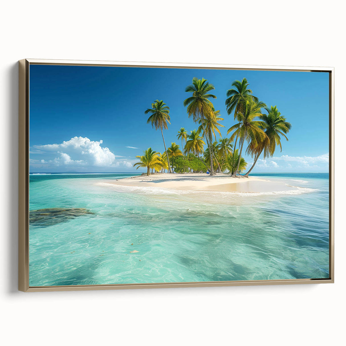 Framed canvas of a vintage-style Jamaican landscape in muted gold and black tones, ideal for bedroom wall art.