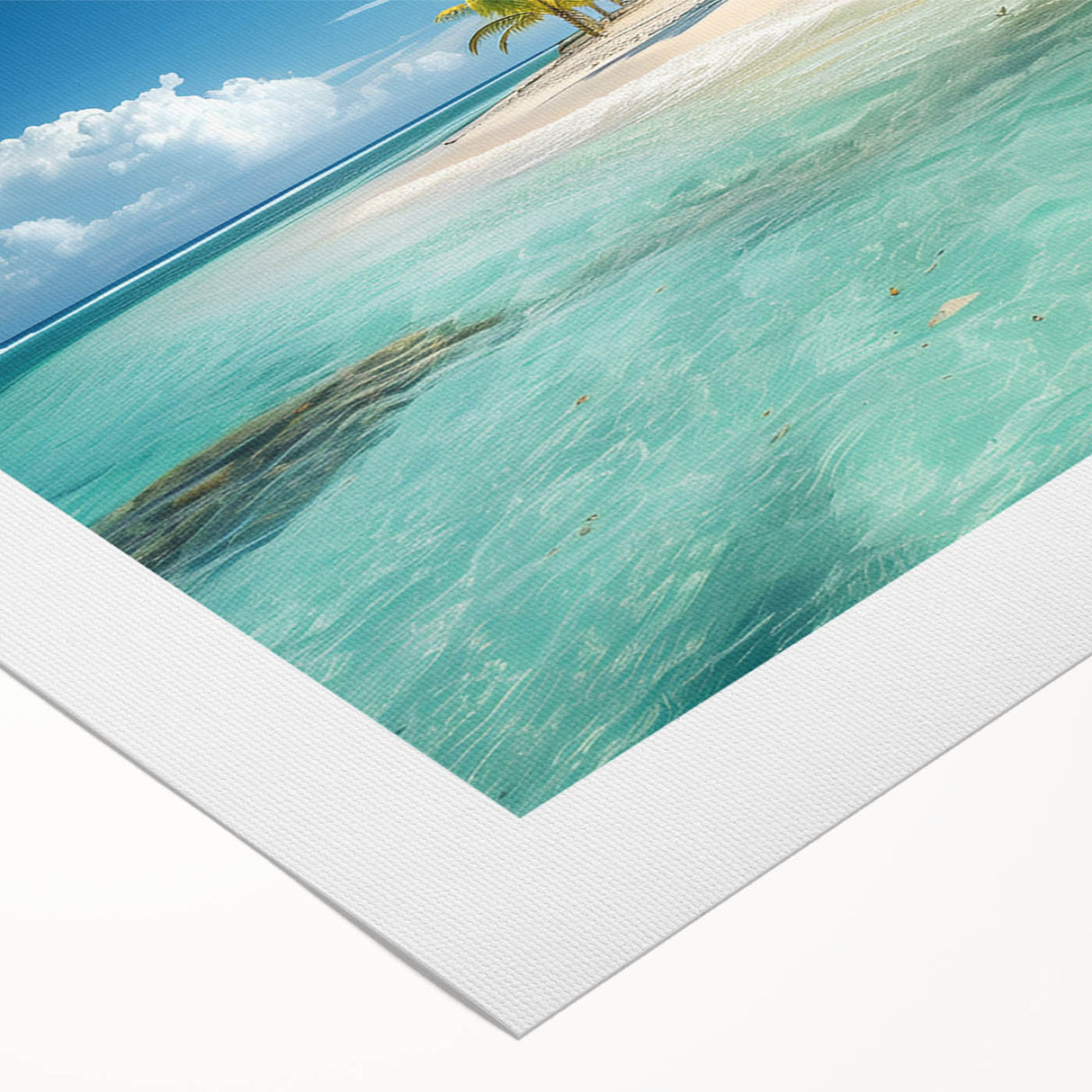 Art deco poster featuring a Caribbean scenery on rolled canvas, in vibrant blue and green tones.