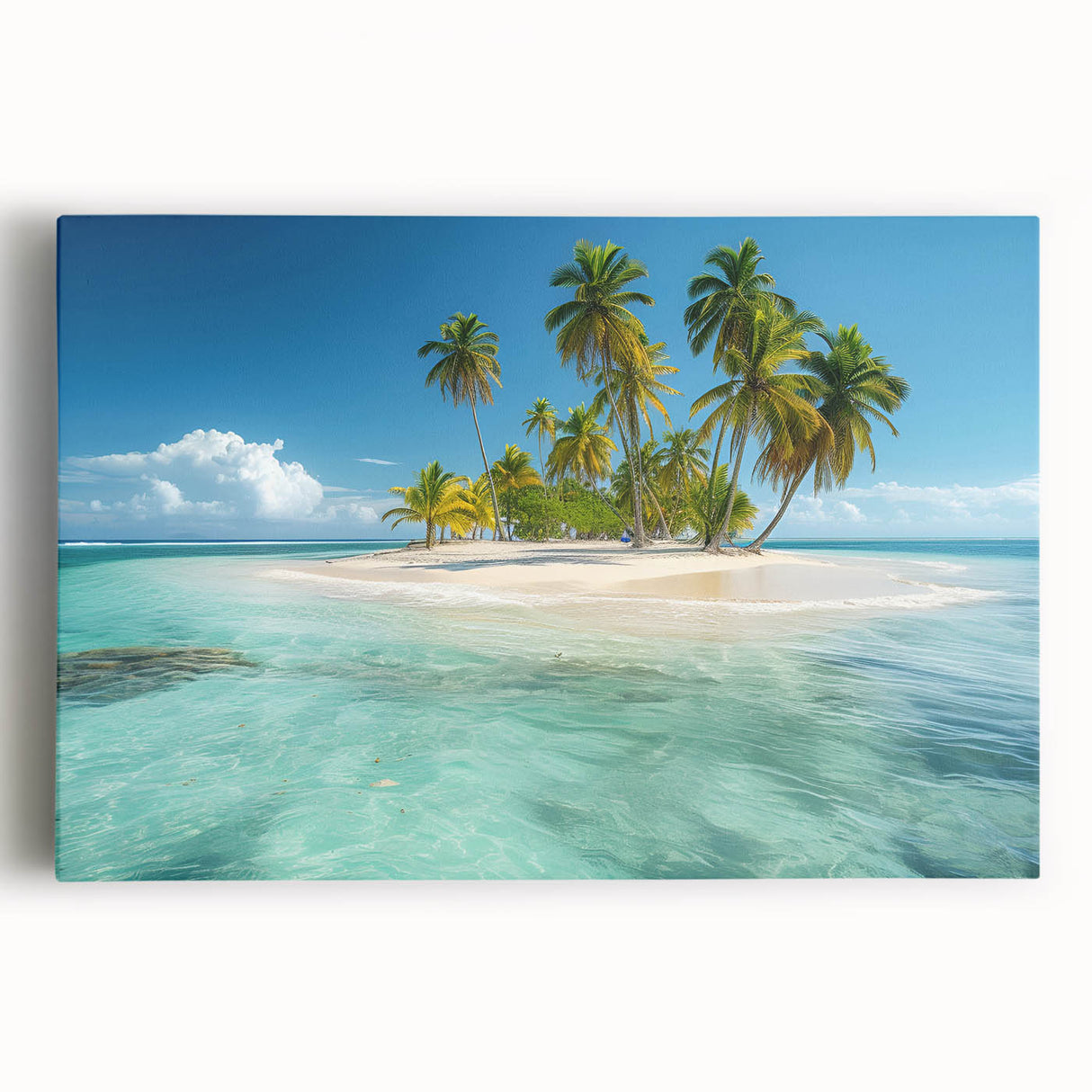 Black and white stretched canvas featuring a serene Caribbean beach scene, ideal for kitchen wall art or bedroom ambiance.