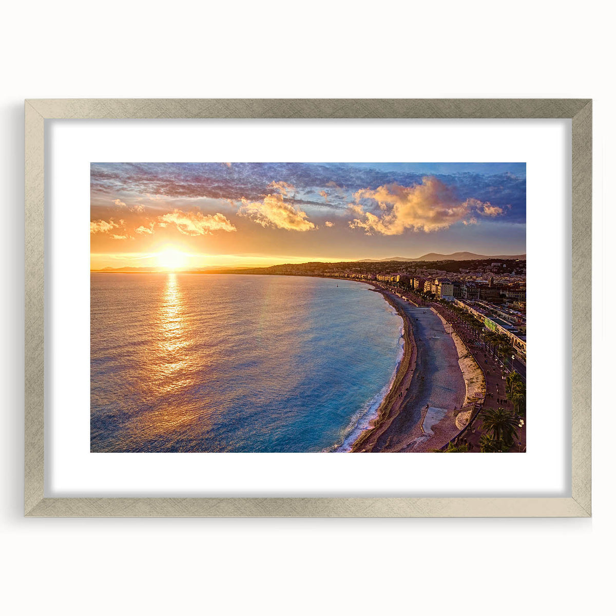 Extra large abstract art print of a textured European scenery in muted earth tones, framed in silver.