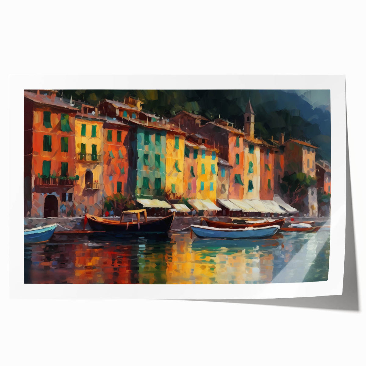 Rolled print of Portofino, Italy scenery with vibrant coastal colors, ideal for art wall dining room.