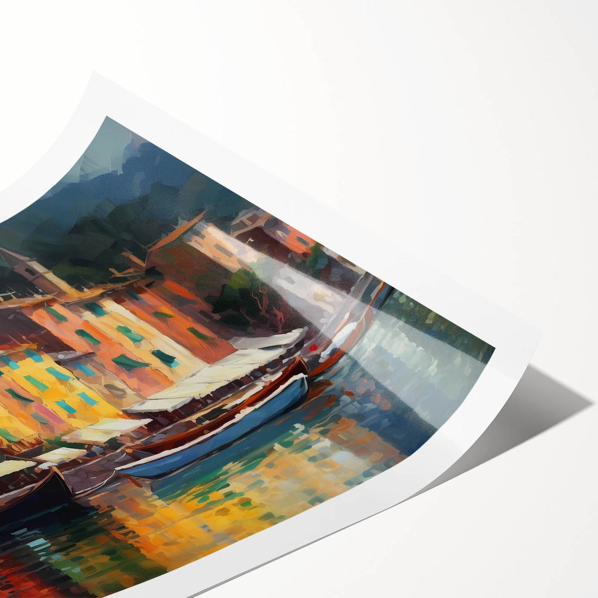 Extra large rolled print featuring a line art design of flowers over a scenic Portofino backdrop, in soft pastel colors.