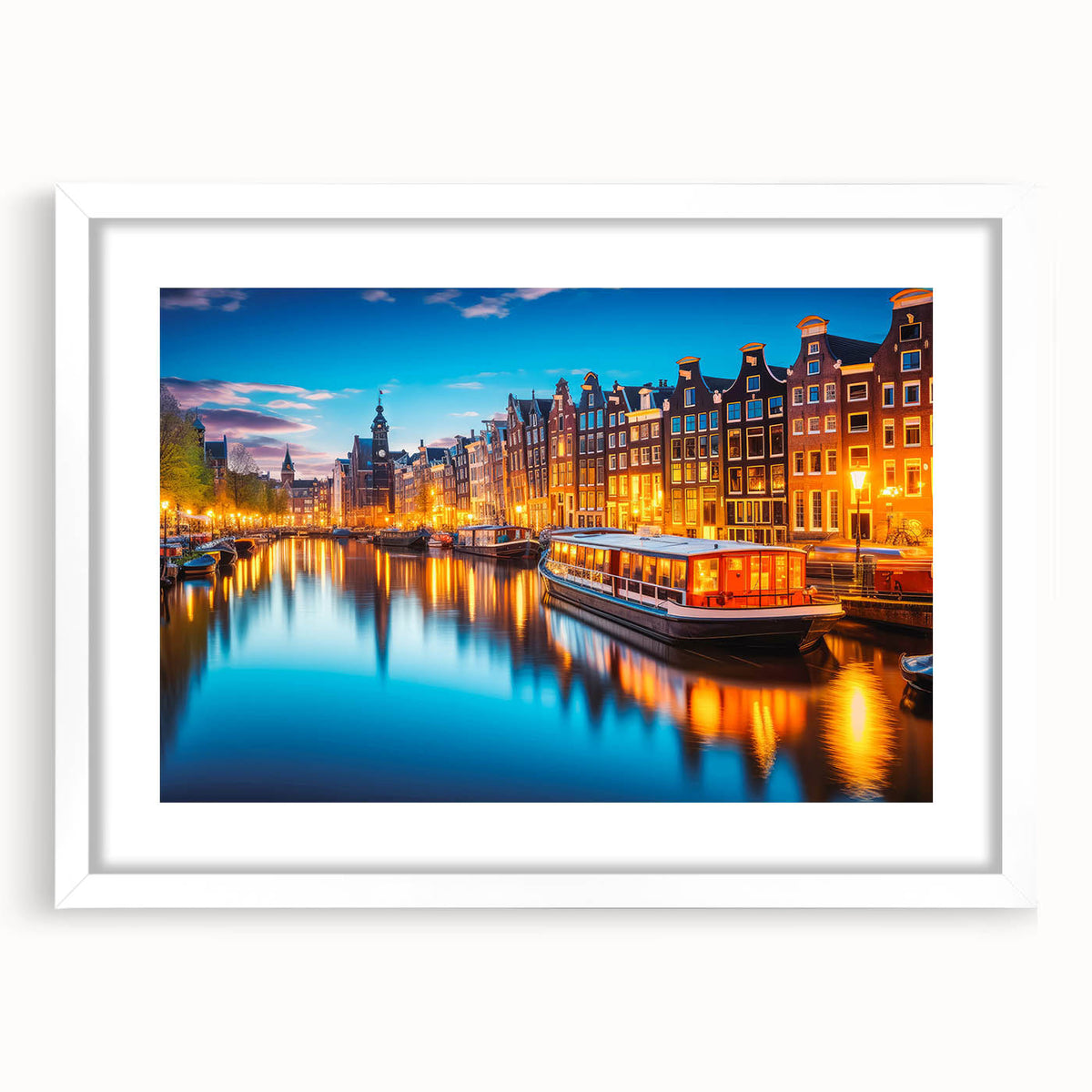 Textured art depicting abstract Amsterdam scenery in muted blue and gray tones on a white framed canvas.