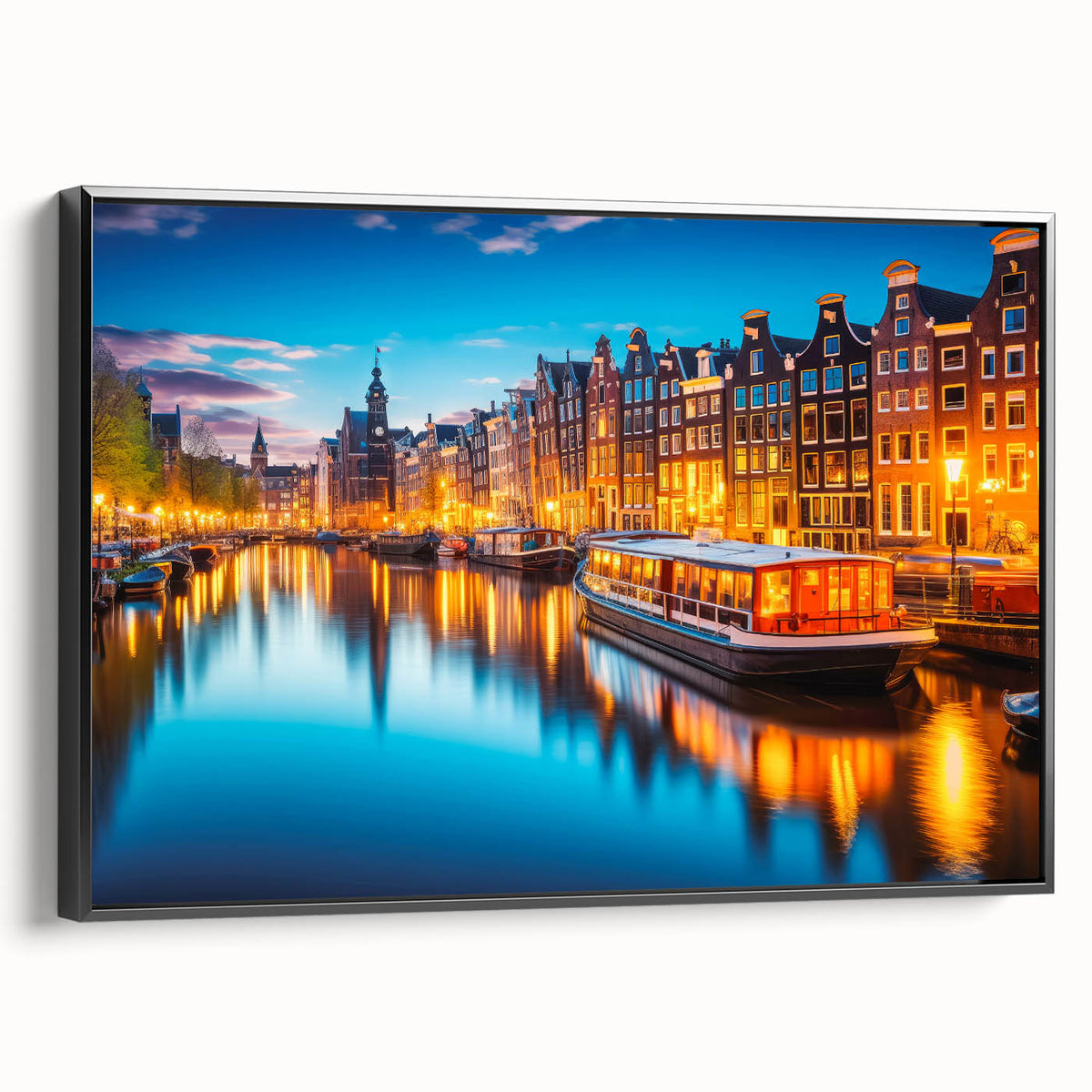 Black and white wall art featuring a vintage poster art style landscape of Amsterdam, ideal for bedroom decor, framed canvas.