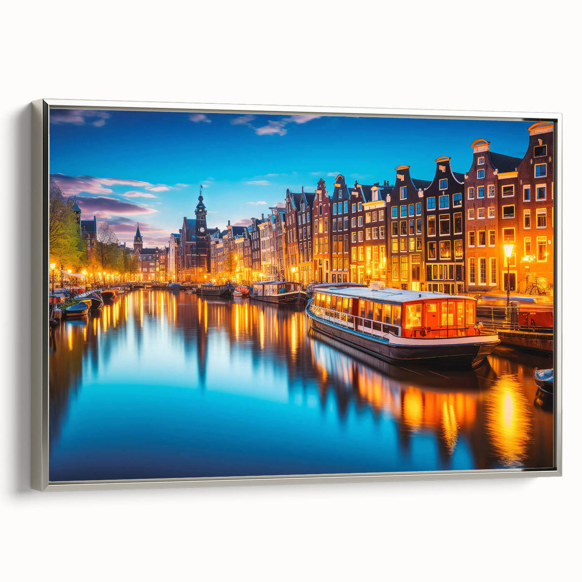 Framed canvas depicting a vintage-style Amsterdam landscape with colorful buildings and black sky.