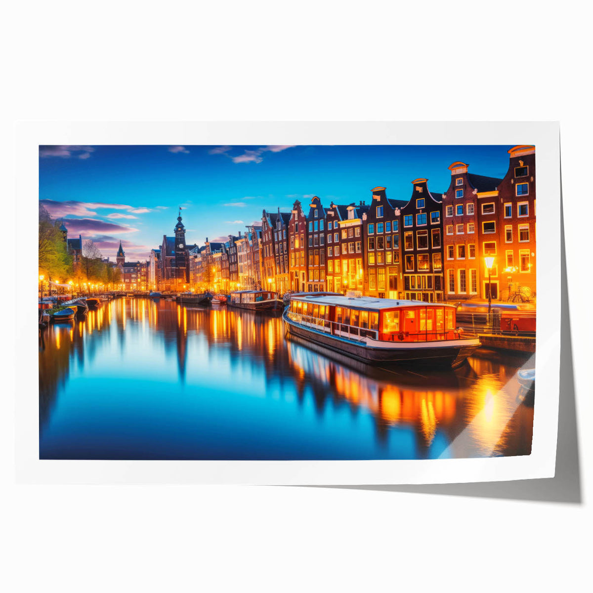 Rolled print of Amsterdam scenery featuring vibrant floral accents on a large canvas, ideal for dining room decor.