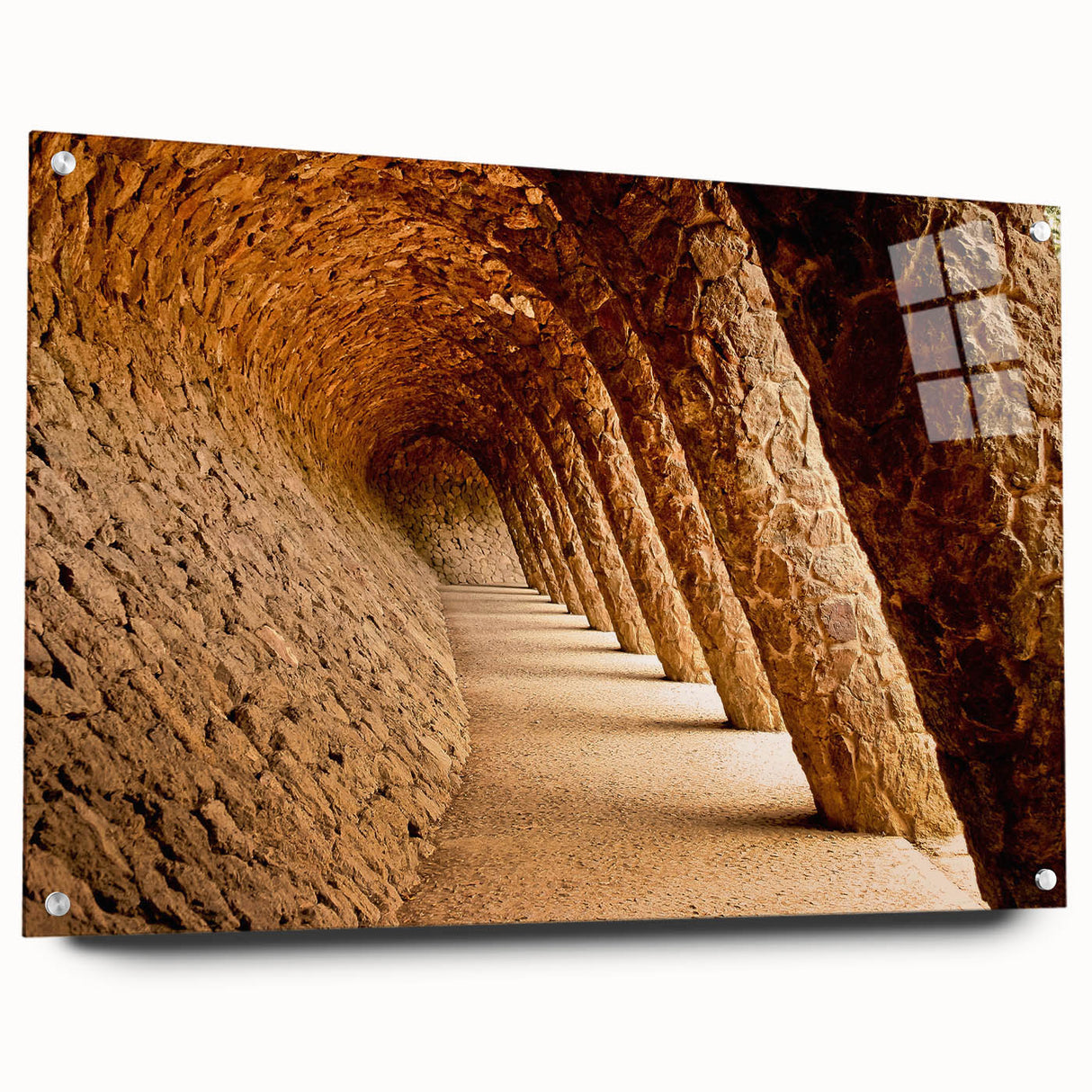 Large abstract wall art of Barcelona scenery on acrylic glass, showing vibrant city colors, ideal for dining room decor.