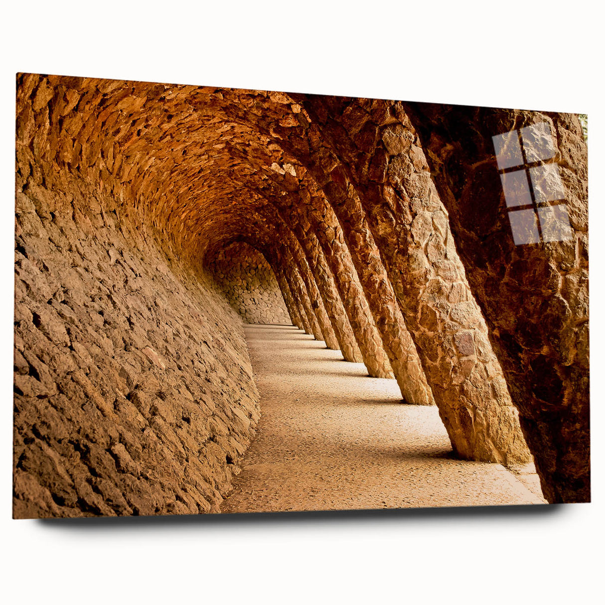 Large abstract depiction of Barcelona skyline in muted blues and greens on acrylic glass.