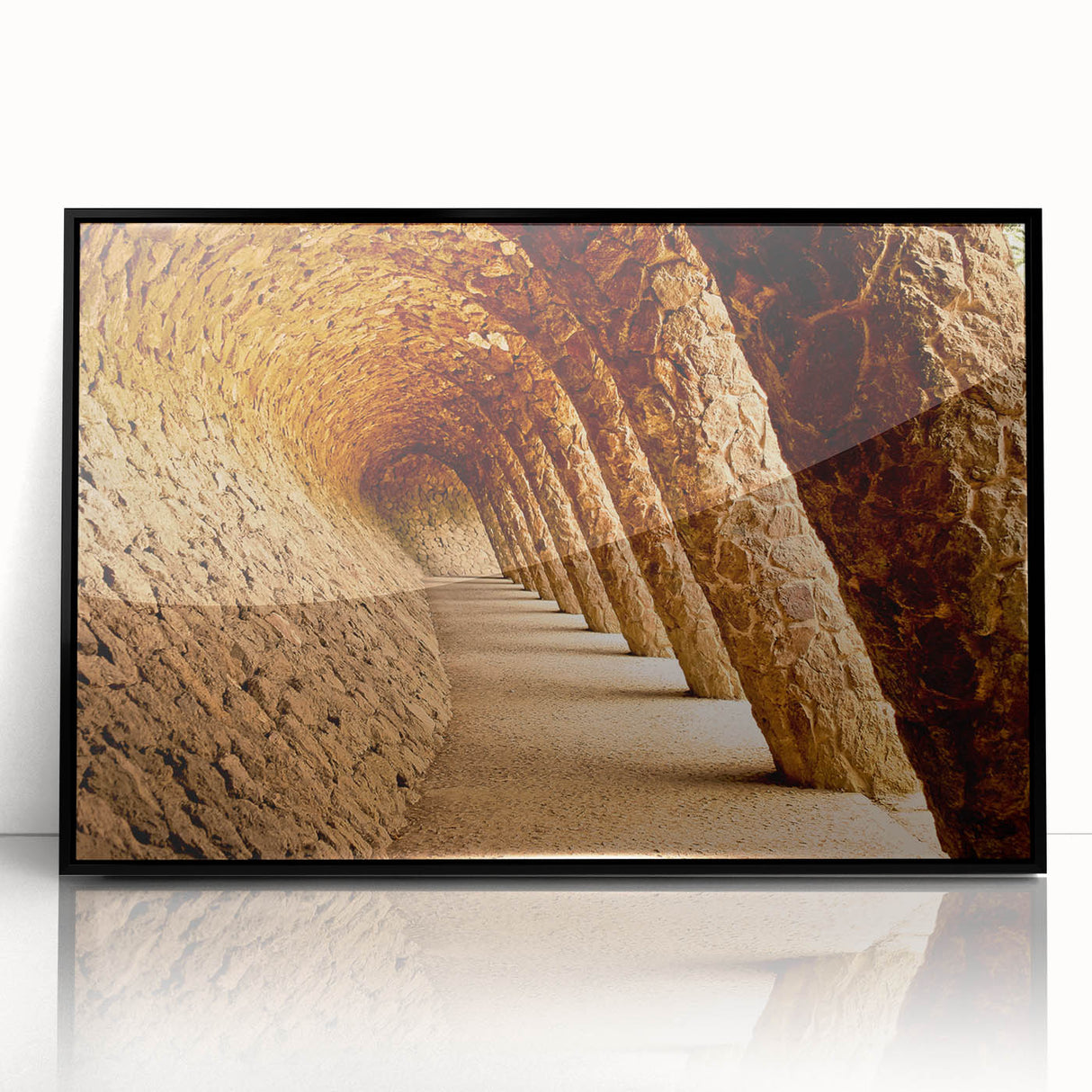 Large abstract wall art depicting a Barcelona cityscape in muted gray and blue tones, framed in black acrylic.