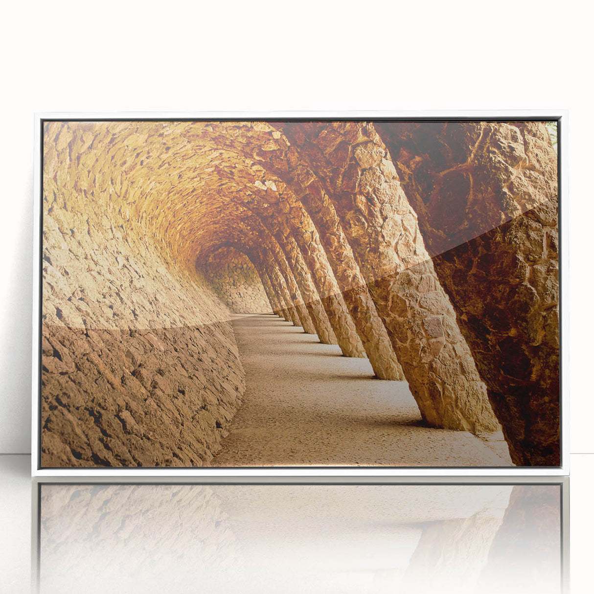 Mid-century modernist art depicting Barcelona scenery in muted earth tones on a framed acrylic.